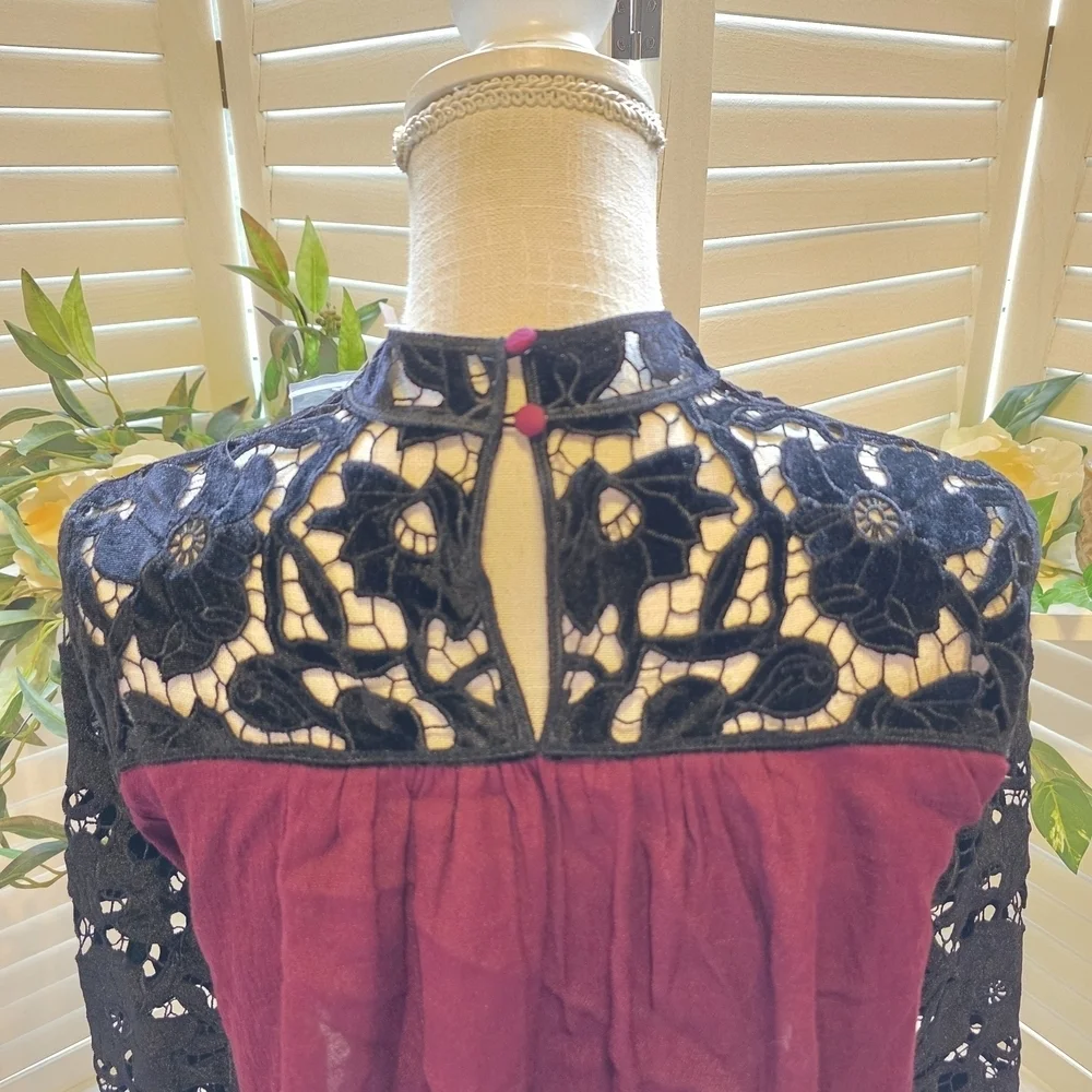Free People Burgundy and Black Lace Blouse